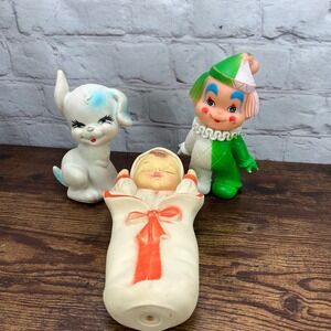 Vintage 1962 Baby World Rubber Squeak Toy Lot Clown Elf Puppy Dog 3pc Taiwan